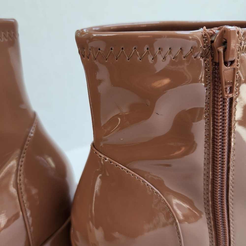 Madden NYC Caramel Tan Patent Leather Side Zip Block Heeled Almond Toe Bootie - Picture 10 of 15